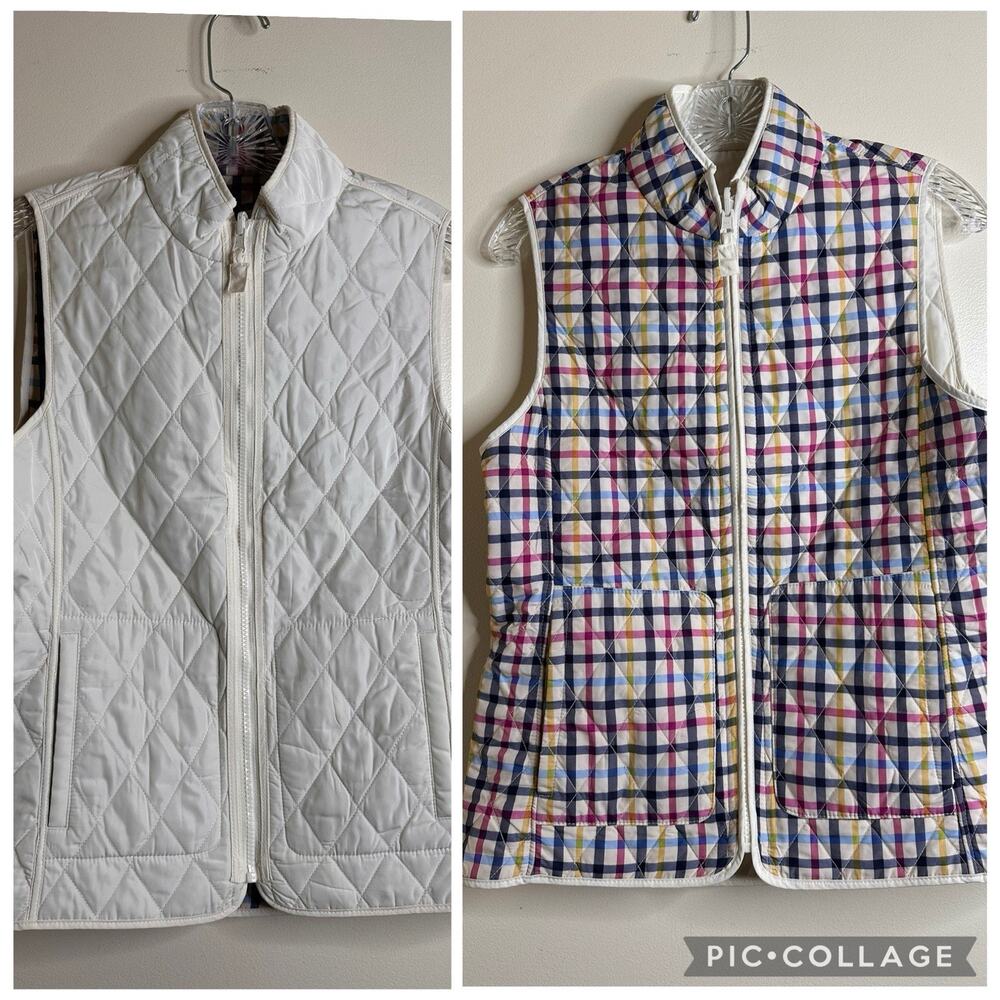 Talbots Size S/M Reversible Quilted Vest Zip Front White Colorful Plaid Pockets